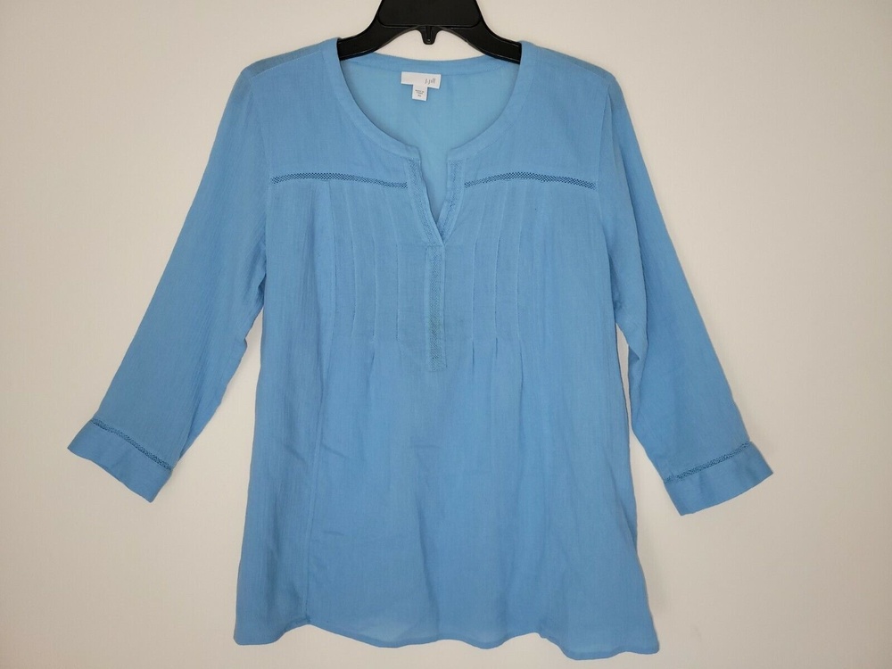 J Jill Womens Top Blue Crinkled-Cotton Pleated V-Neck 3/4 Sleeve Size XS